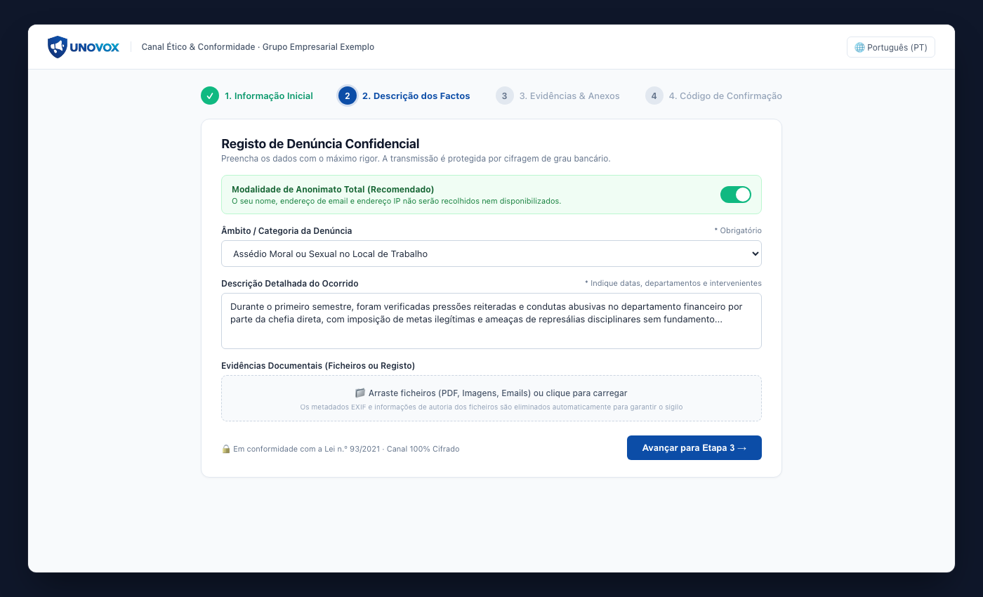 UNOVOX public form for submitting a report in four steps