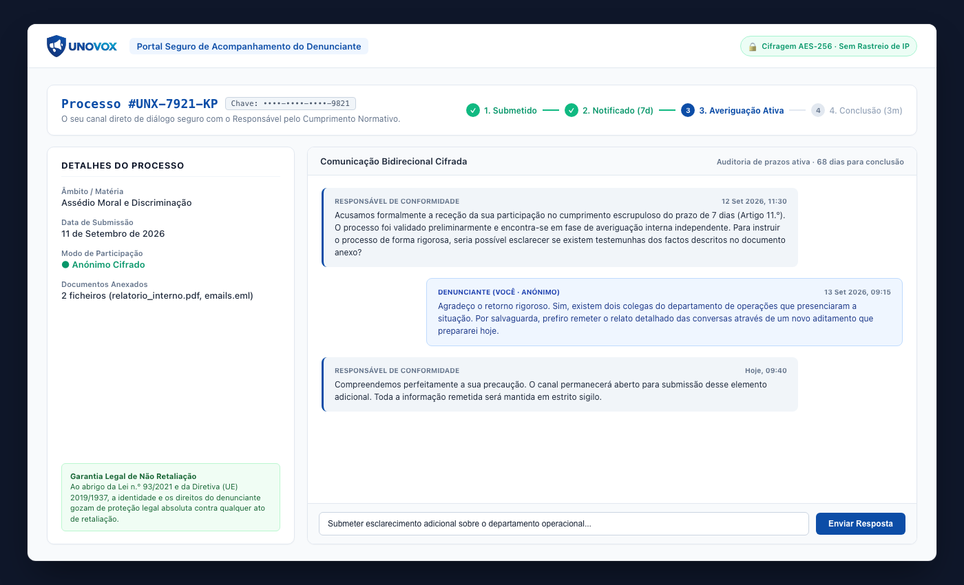 UNOVOX page where the reporting person enters a code to track a report